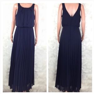 Navy Blue Pleated Chiffon Maxi Dress